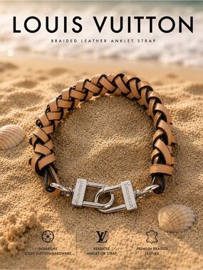 Louis Vuitton Braided Leather Anklet Strap |Tan Black Silver Hardware | LV Strap